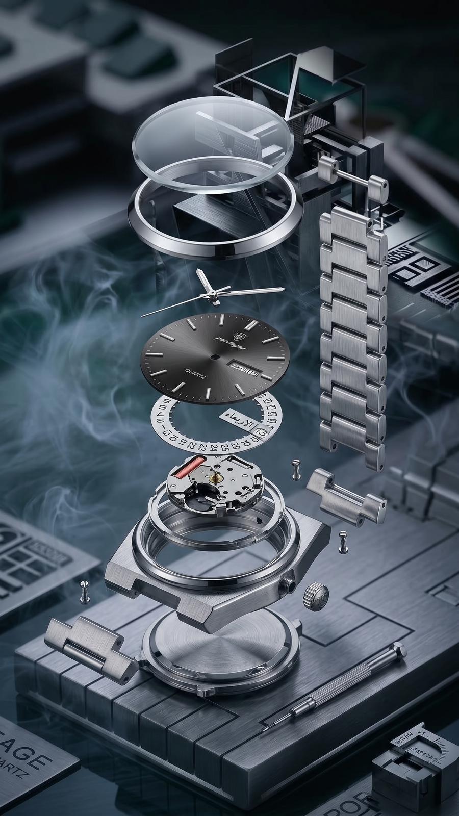 POEDAGAR 930 quartz( round black dial integrated stainless steel)