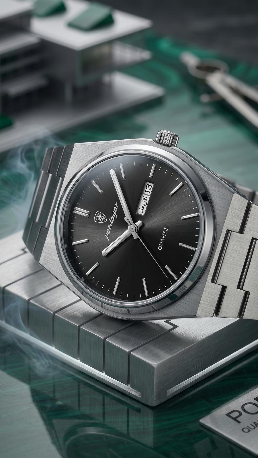POEDAGAR 930 quartz( round black dial integrated stainless steel)