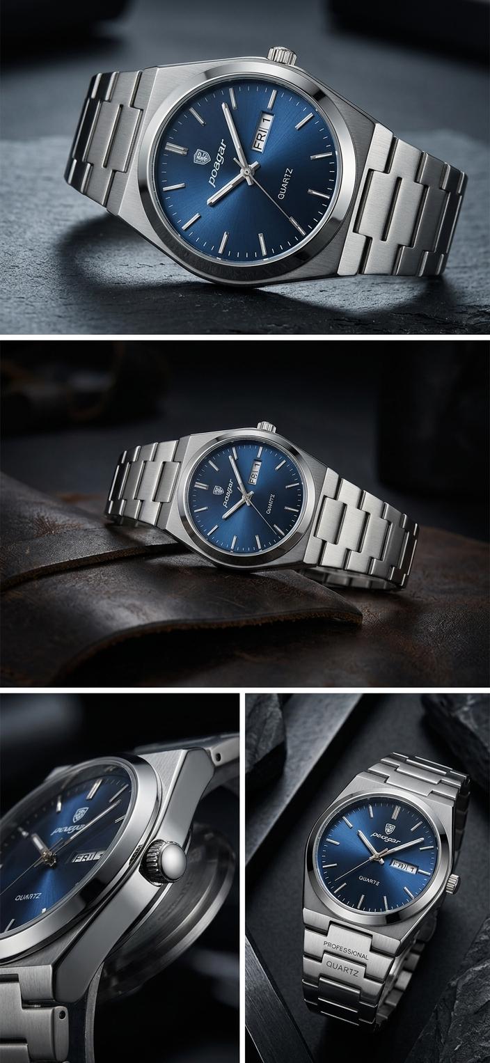 POEDAGAR 930 quartz( round blue dial integrated stainless steel)
